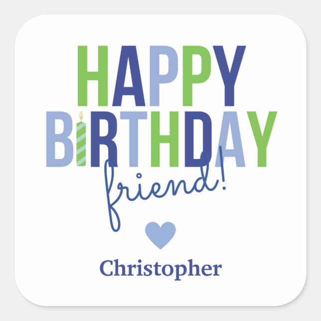 Happy Birthday Sticker Tag Blue Green Stripes (Front)