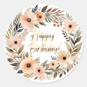 Happy Birthday Sticker with Watercolor Flowers