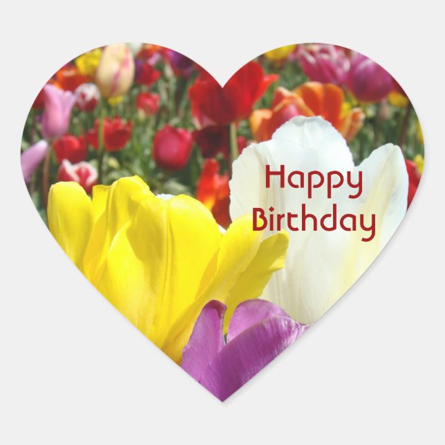 Happy Birthday stickers heart shape Tulip Flowers (Front)
