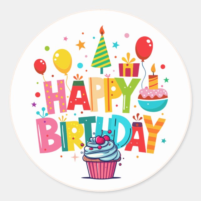 Happy Birthday Stickers, Round Shape Classic Round Sticker (Front)