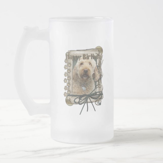 Happy Birthday - Stone Paws - GoldenDoodle Frosted Glass Beer Mug (Left)