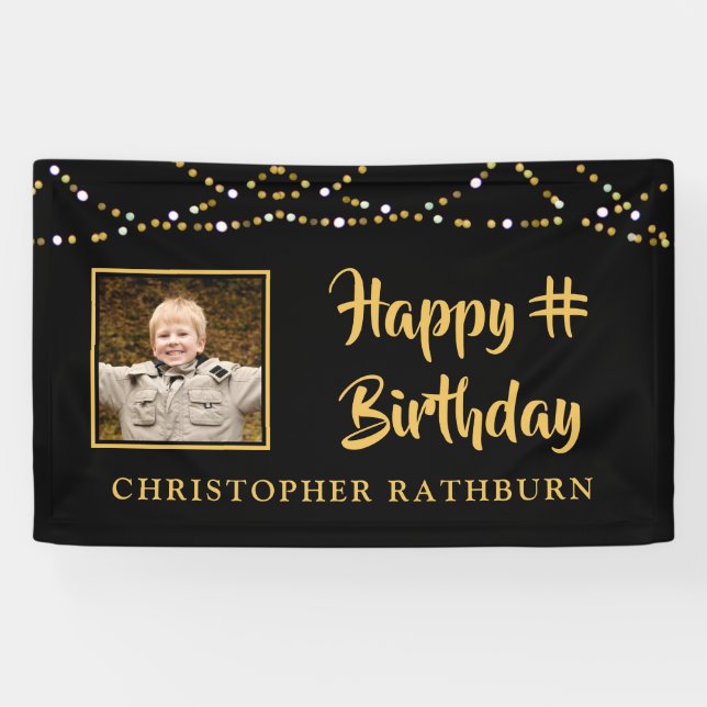 Happy Birthday String Lights Photo Black Gold Banner (Horizontal)