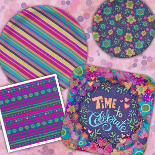 Happy Birthday Stripe Fun Colourful Floral Paper Plate