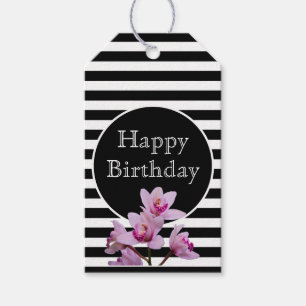 Happy Birthday Stripes and Blooming Orchids Gift Tags