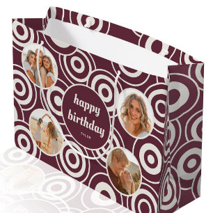 Happy Birthday Stylish Photo Collage Retro Plum Large Gift Bag