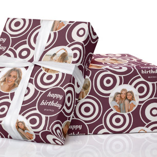 Happy Birthday Stylish Photo Collage Retro Plum Wrapping Paper