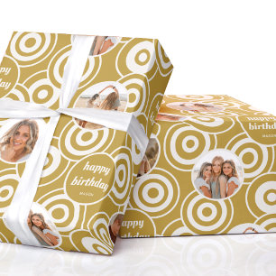 Happy Birthday Stylish Photo Collage Retro Yellow Wrapping Paper