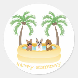 Happy Birthday Summer Dogs Swimming Pool Classic Round Sticker