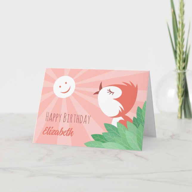 Happy Birthday Sun Cute Cartoon Bird Girl Card (Front)