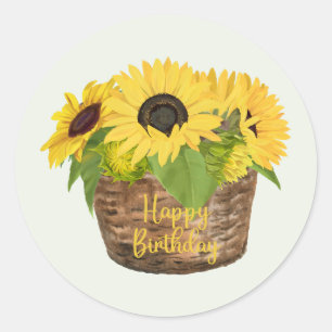 Happy Birthday Sunflower Basket   Classic Round Sticker