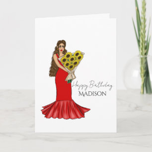 Happy Birthday Sunflower Bouquet Girl Drawing Card