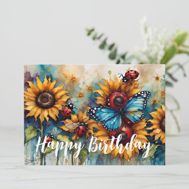 Happy Birthday Sunflower, Butterfly and Ladybugs Holiday Card (Standing Front)