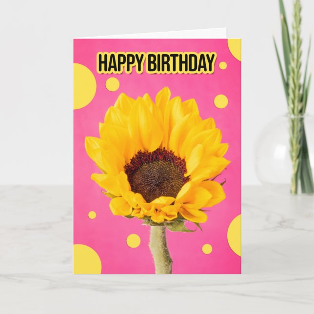 Happy Birthday Sunflower on Pink With Polka Dots Holiday Card (Front)