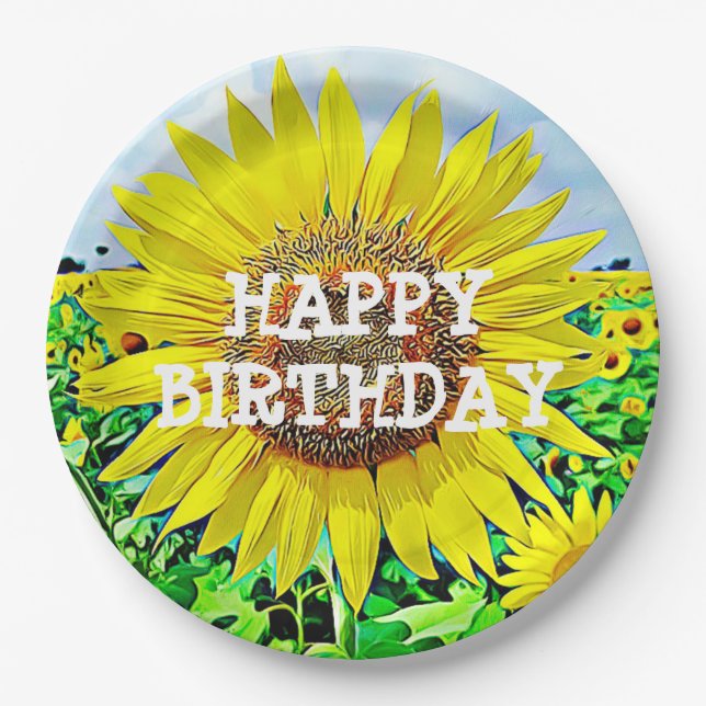 Happy Birthday Sunflower Party Paper Plates (Front)