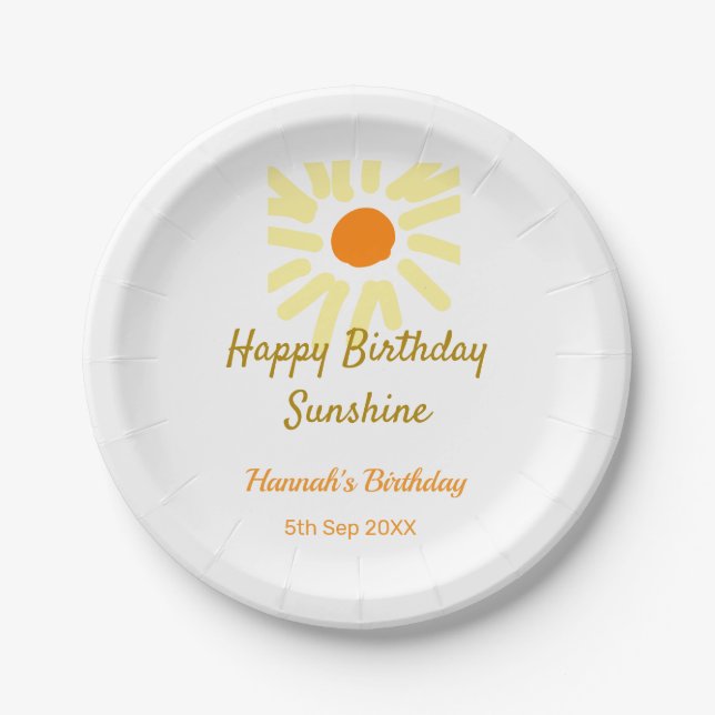 Happy birthday sunshine yellow orange birthday boh paper plate (Front)