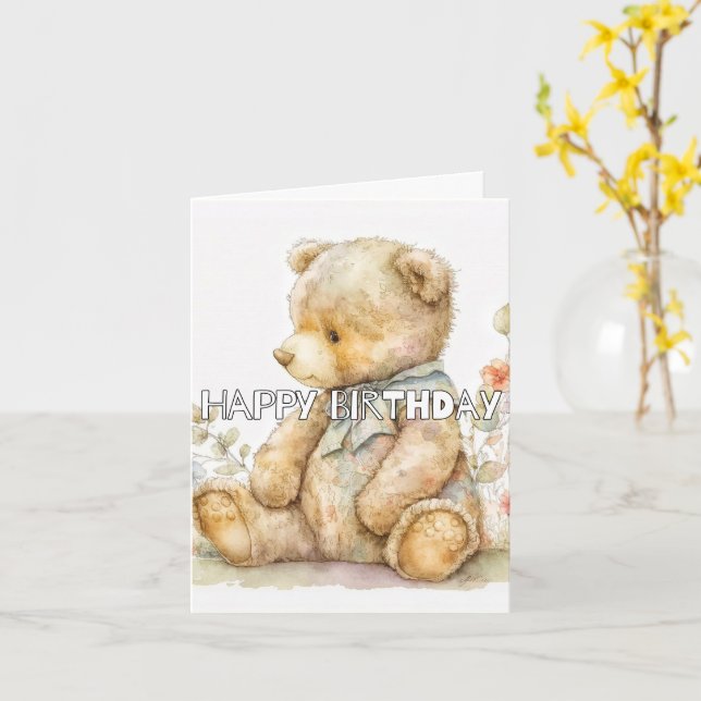 Happy Birthday Super Cute Stuffed Animal Bear Card (Yellow Flower)