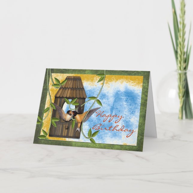 Happy Birthday swallows at bird house with vines Card (Front)