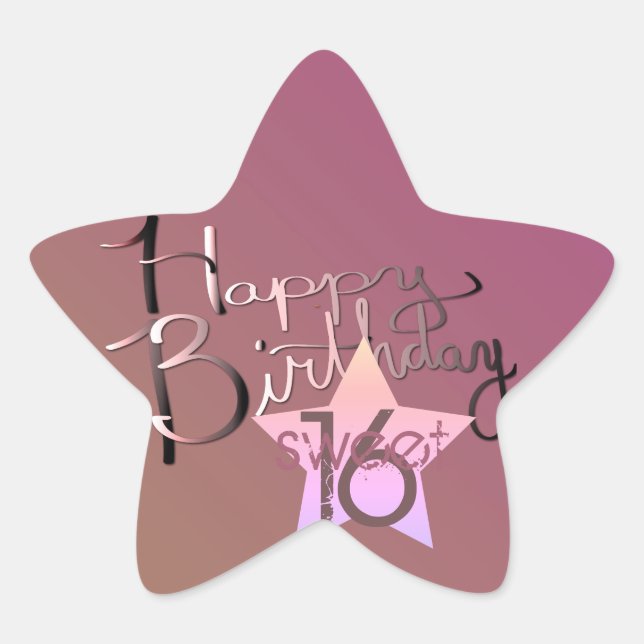 "Happy Birthday Sweet 16!" Hand-written Purple Star Sticker (Front)