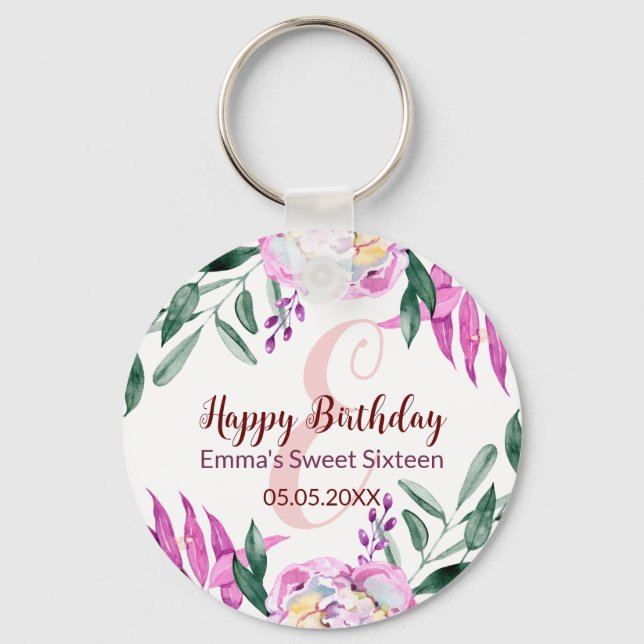 Happy Birthday Sweet 16 Party favour pink floral Key Ring (Front)
