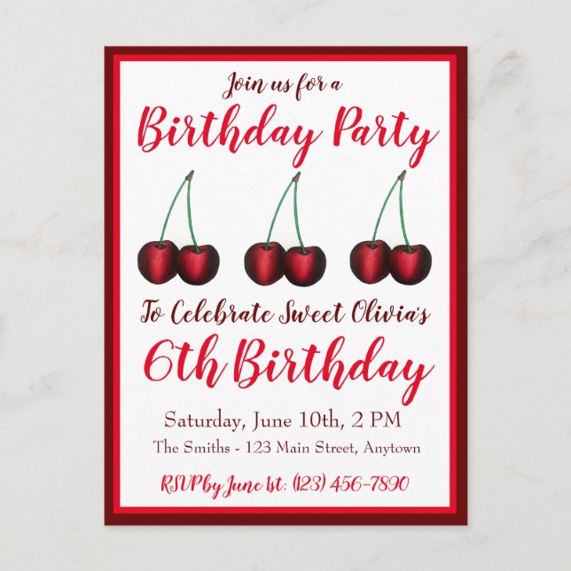 Happy Birthday Sweet Bing Cherry Cherries Fruit Invitation Postcard (Front)