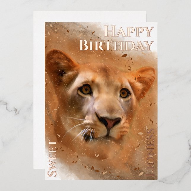 Happy Birthday Sweet Lioness Foil Holiday Card (Front/Back)