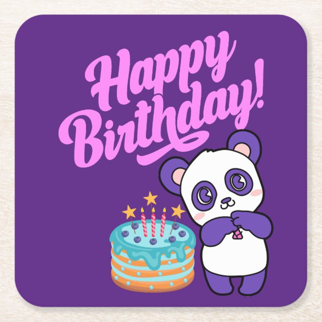 Happy Birthday Sweet Purple Panda Square Paper Coaster (Front)