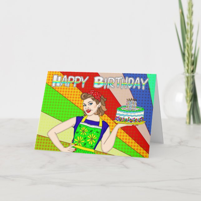 Happy Birthday Sweetheart Retro Lady Holding Cake  Card (Front)