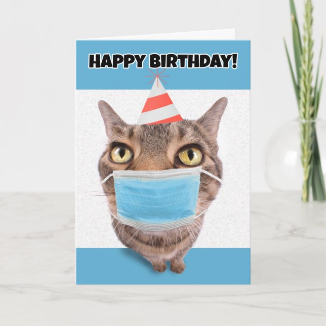 Happy Birthday Tabby Cat in Coronavirus Face Mask Holiday Card (Front)