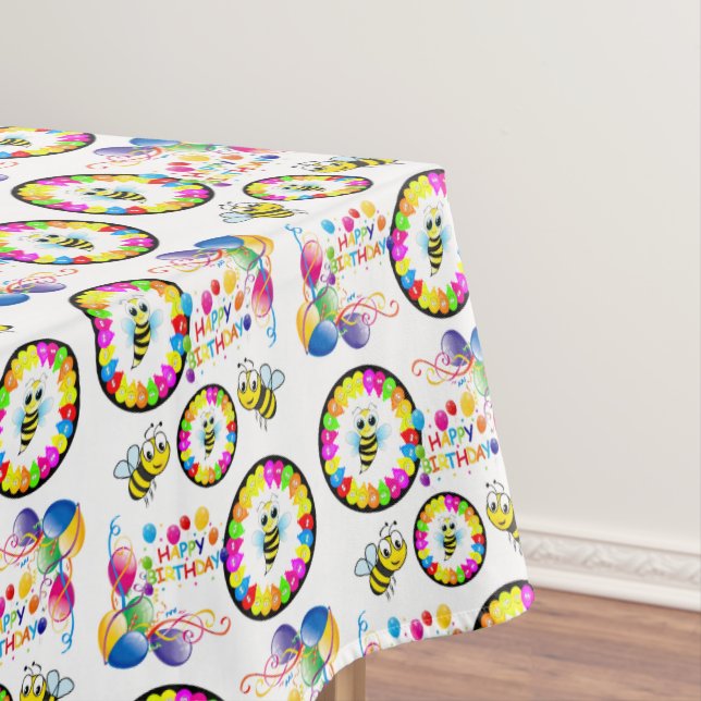 Happy Birthday Tablecloth Bumblebee Balloons (In Situ)