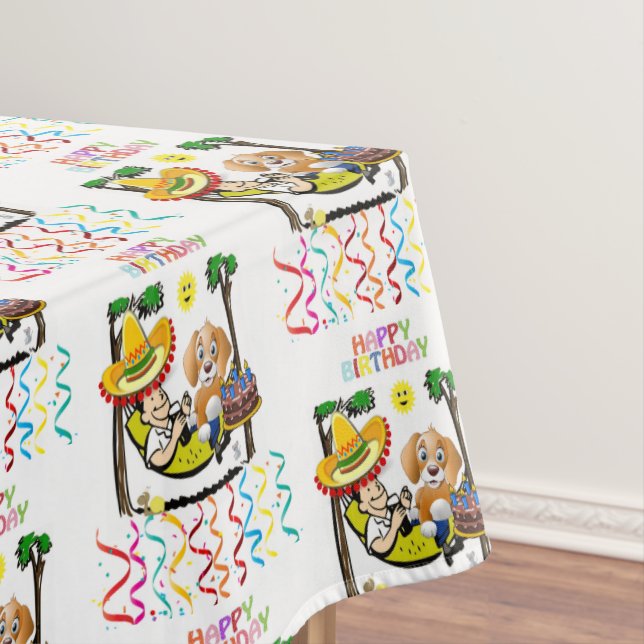 Happy Birthday Tablecloth Man Dog Sombrero (In Situ)