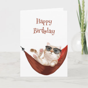 Happy Birthday Take it Easy Cat in Hammock Humour Card