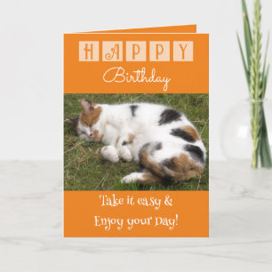 Happy Birthday take it easy cat photo orange Card
