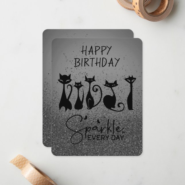 Happy Birthday Tall Cat Black Sparkles Card (Front/Back In Situ)