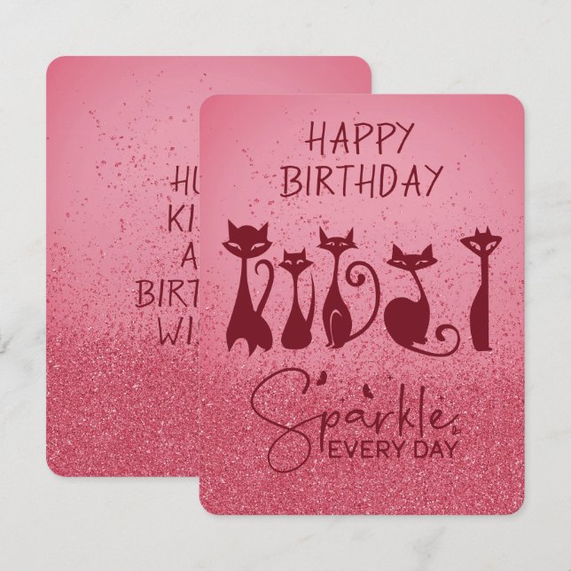 Happy Birthday Tall Cat Dark Pink Sparkles Card (Front/Back)