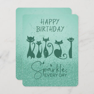 Happy Birthday Tall Cat Teal Green Sparkles Card