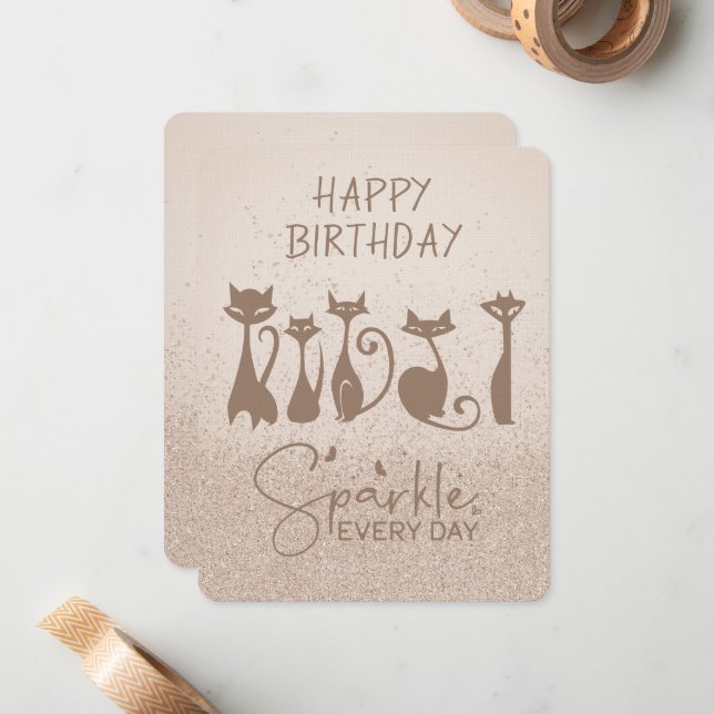Happy Birthday Tall Neck Cat Champagne Sparkles Card (Front/Back In Situ)