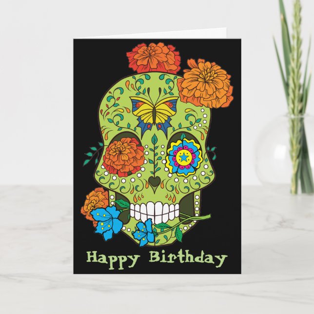 Happy Birthday Tattoo Sugar Skull Rose In Mouth Card (Front)