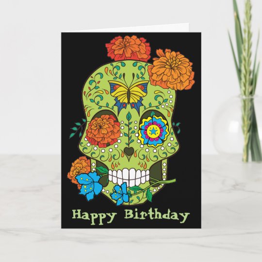 Handmade Personalised Button Card Happy Birthday Sugar Skull Tattoo Style Ebay