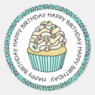 Happy Birthday Teal and Vanilla Cupcake Classic Round Sticker