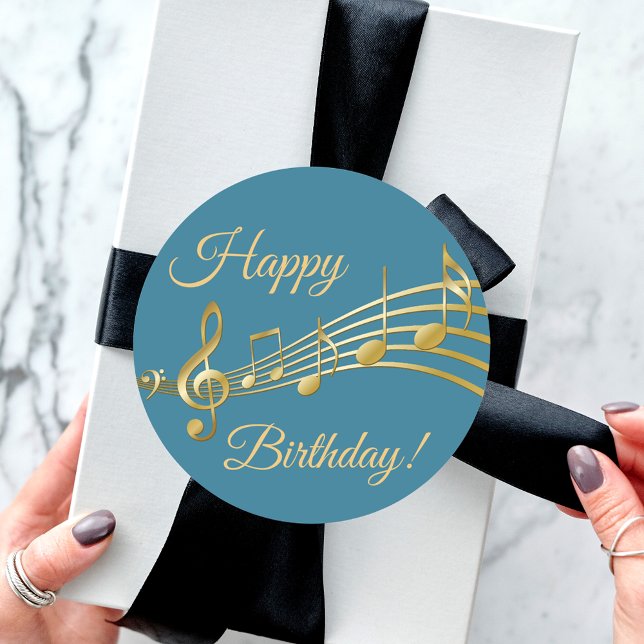 Happy Birthday  teal blue green gold music notes Classic Round Sticker (Creator Uploaded)