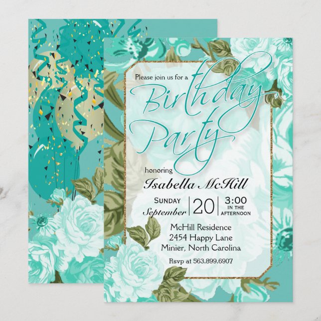 Happy BIrthday - Teal Floral Design Invitation (Front/Back)