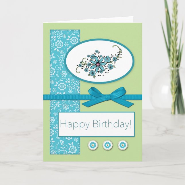 Happy Birthday Teal Flower Card (Front)