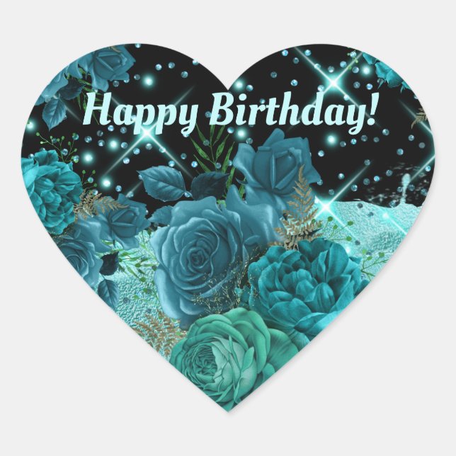 Happy Birthday | Teal Roses with Aqua Glitter | Heart Sticker (Front)