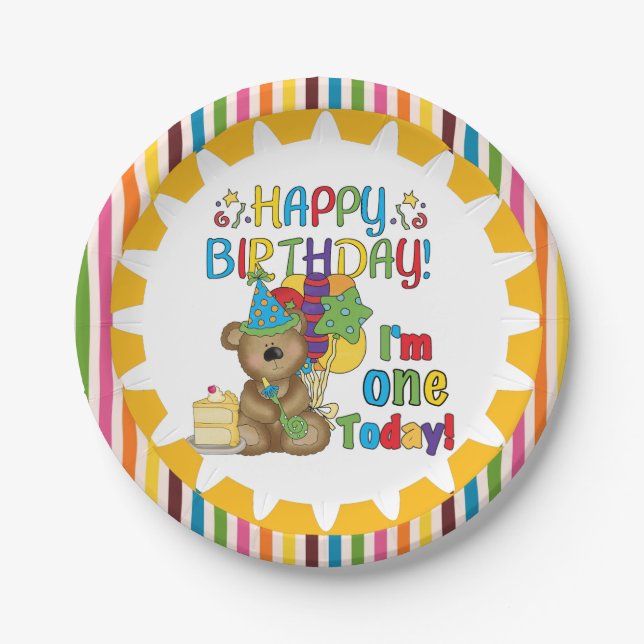 Happy Birthday Teddy Bear 1st Birthday Paper Plate (Front)