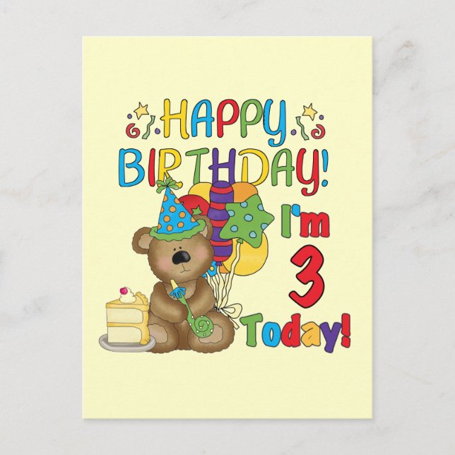 Happy Birthday Teddy Bear 3rd Tshirts and Gifts Postcard (Front)