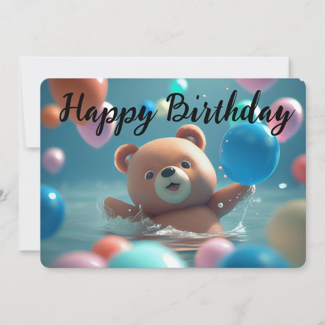Happy Birthday Teddy Bear and Balloons Holiday Card (Front)