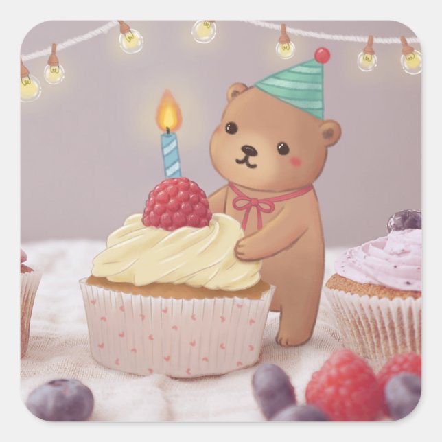 Happy Birthday: Teddy Bear & Cupcakes Square Sticker (Front)