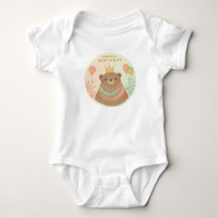Happy Birthday Teddy Bear Illustration Baby Bodysuit