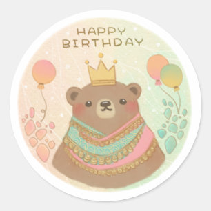 Happy Birthday Teddy Bear Illustration Classic Round Sticker