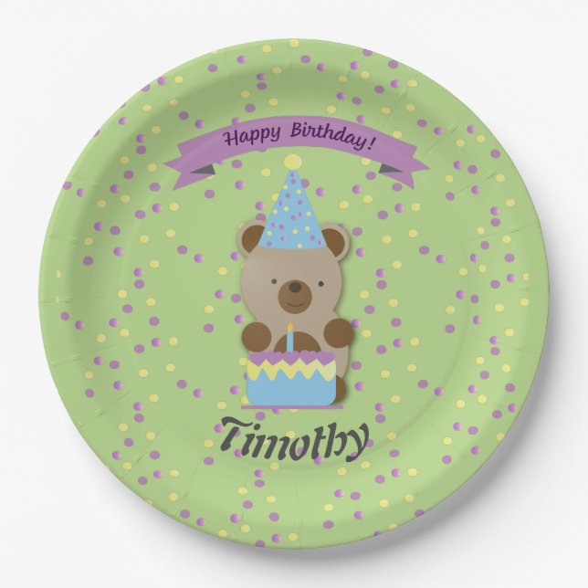 Happy Birthday Teddy Bear Paper Plate (Front)